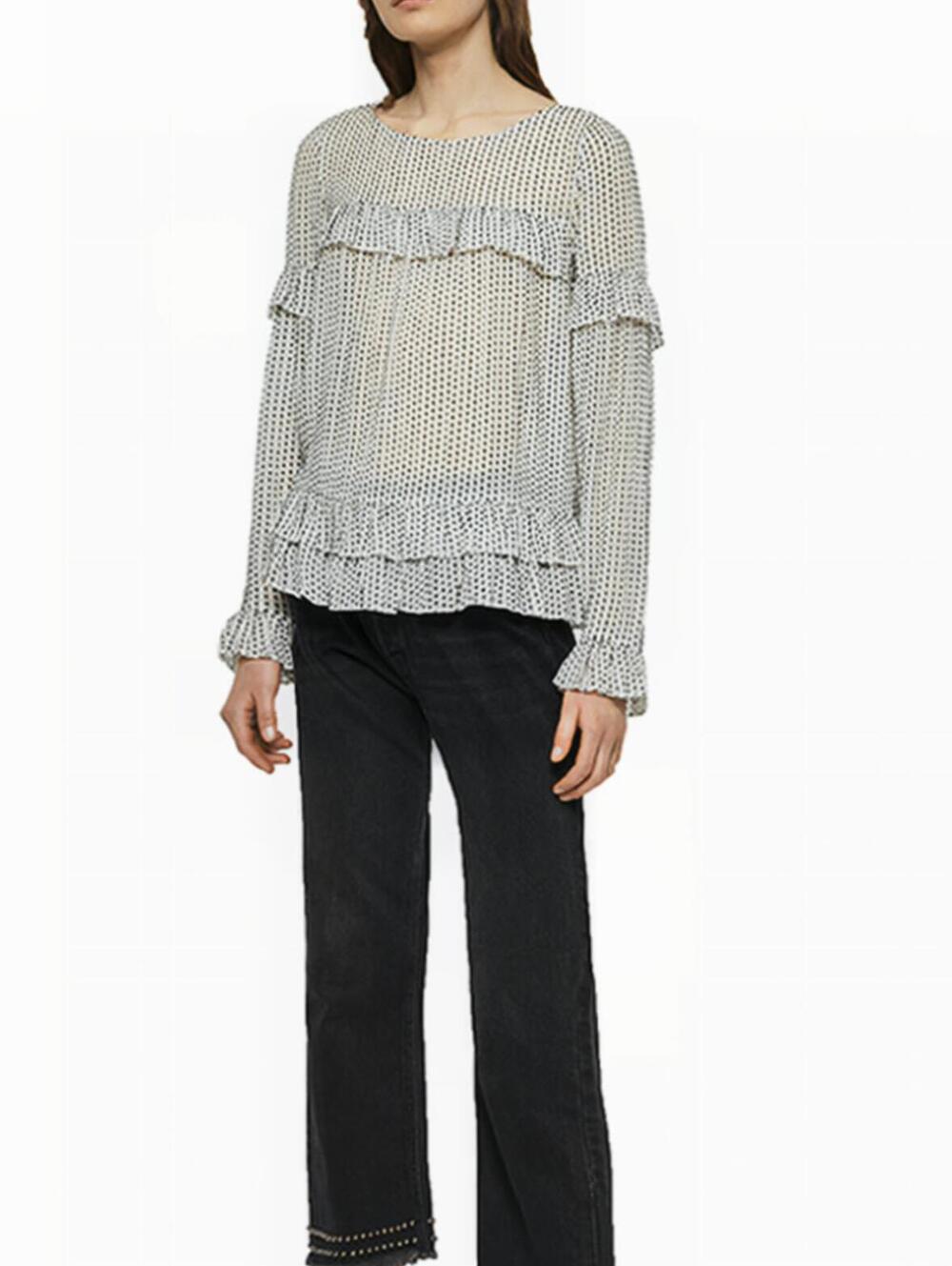 AllSaints Evia Embry Oyster White and Black Sheer Ruffle Blouse - Size - Small